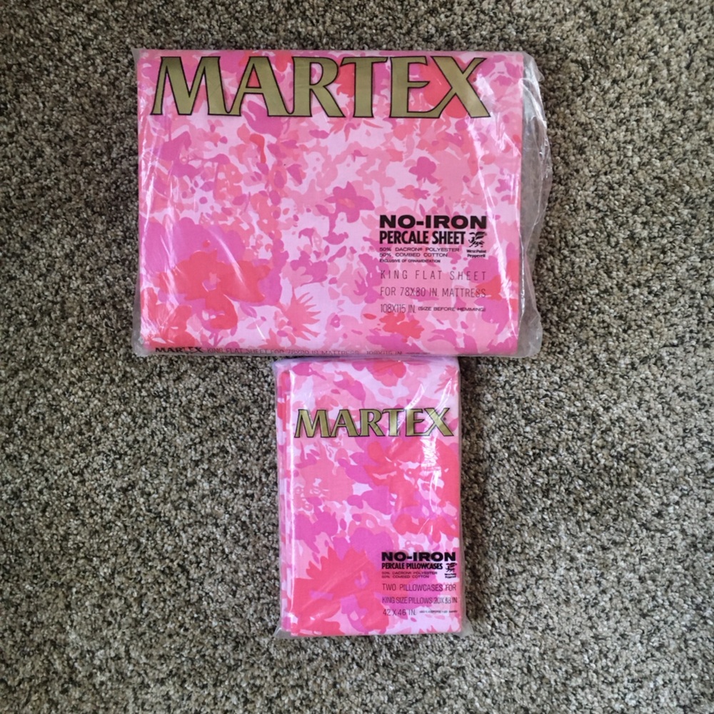 Vintage Martex 1 King flat Sheet and 2 King Pillowcase Set Deadstock Pink